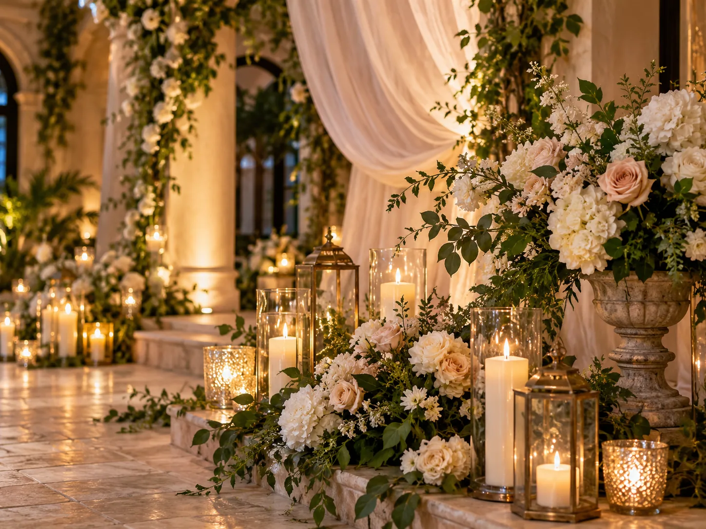 Candlelit floral event setting
