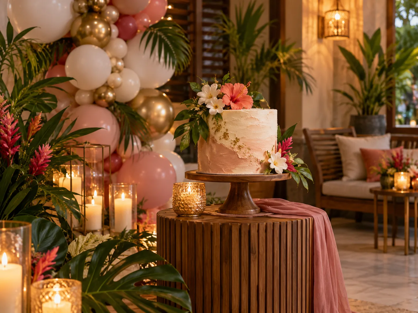 Celebration cake with flowers and warm event lighting