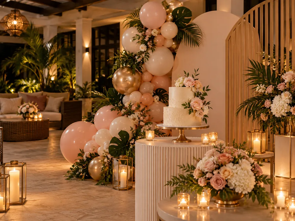 Cake and flowers prepared for a celebration