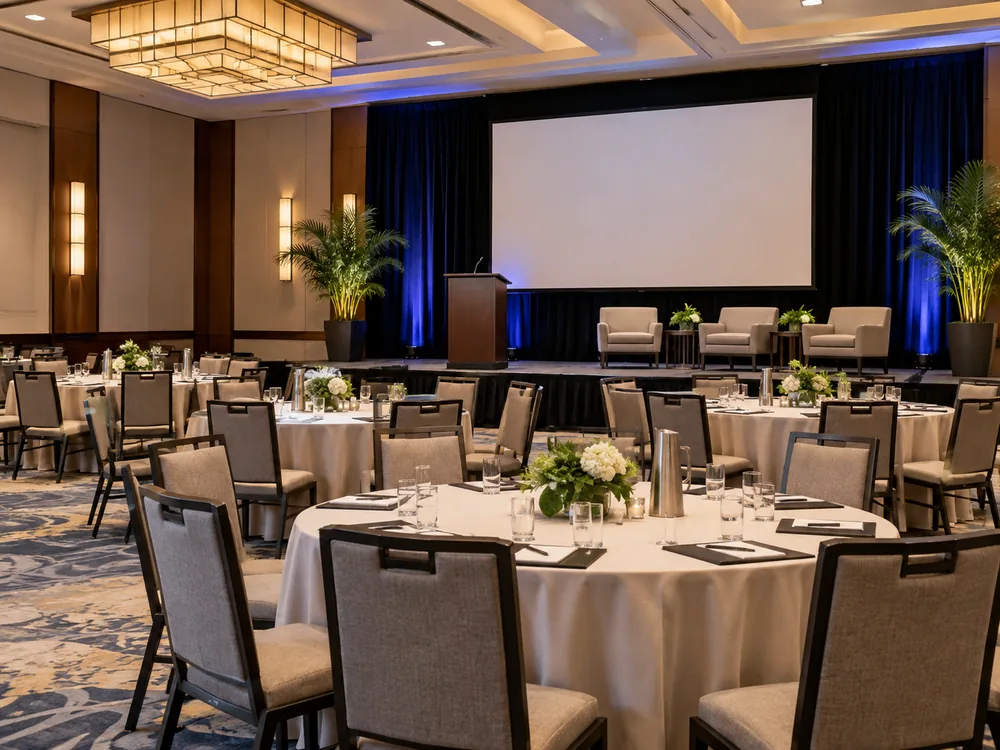 Conference ballroom prepared for an event