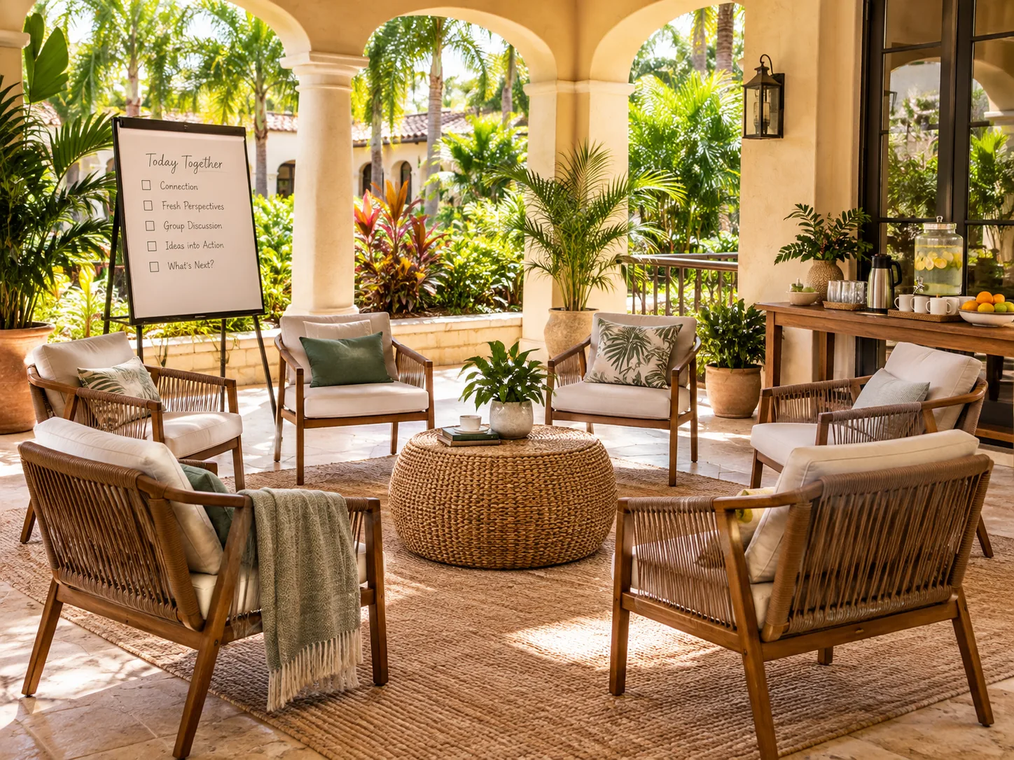 Shaded retreat discussion area prepared for a group