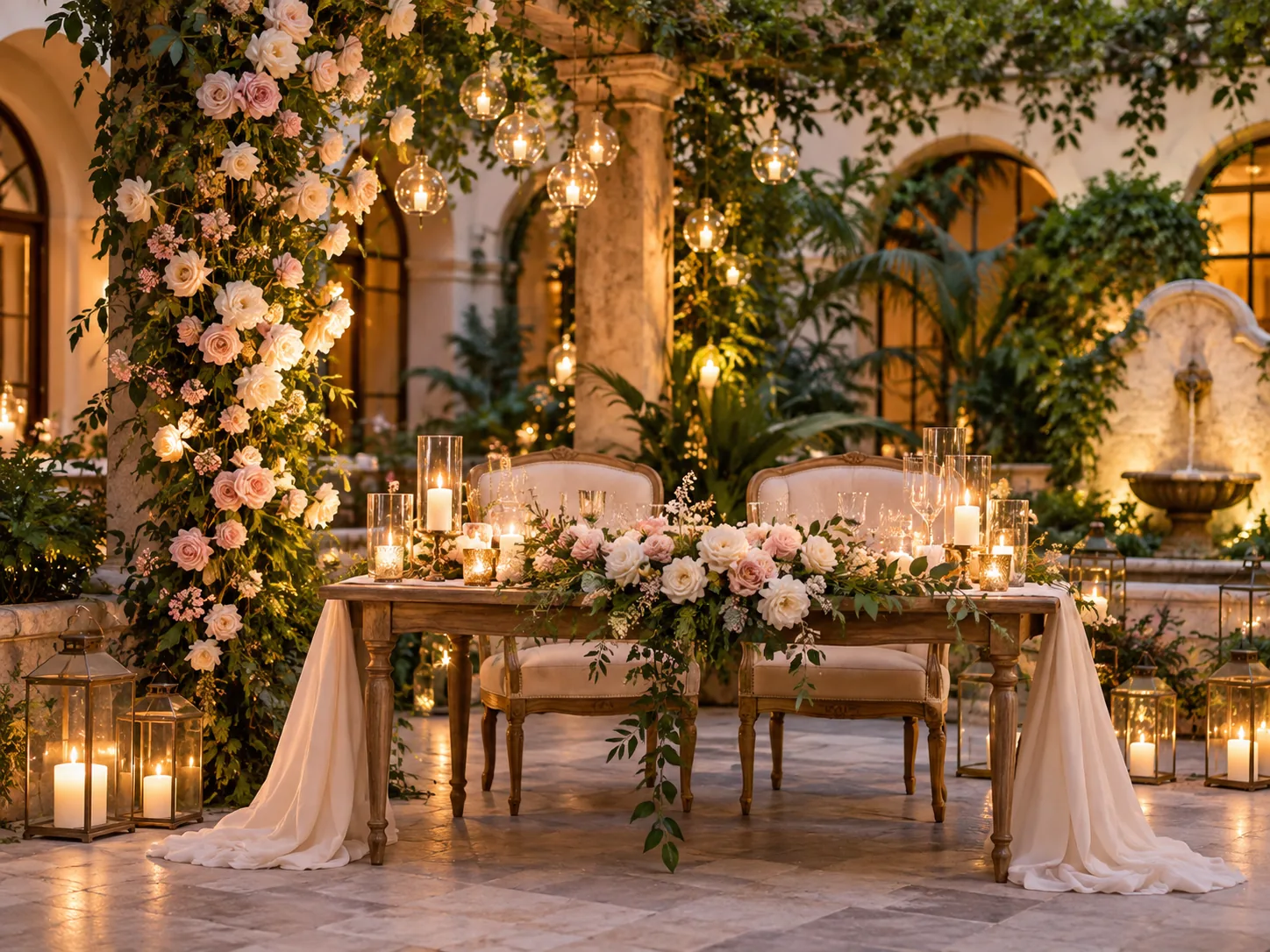 Candlelit wedding reception table in a garden venue