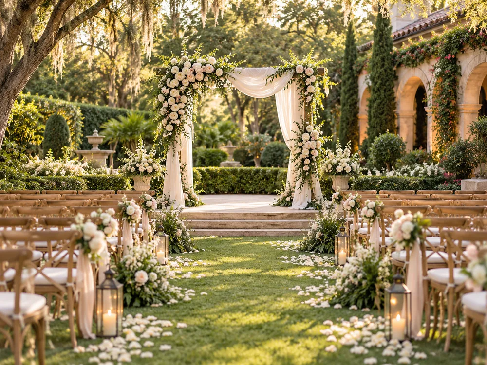 Garden wedding ceremony setup